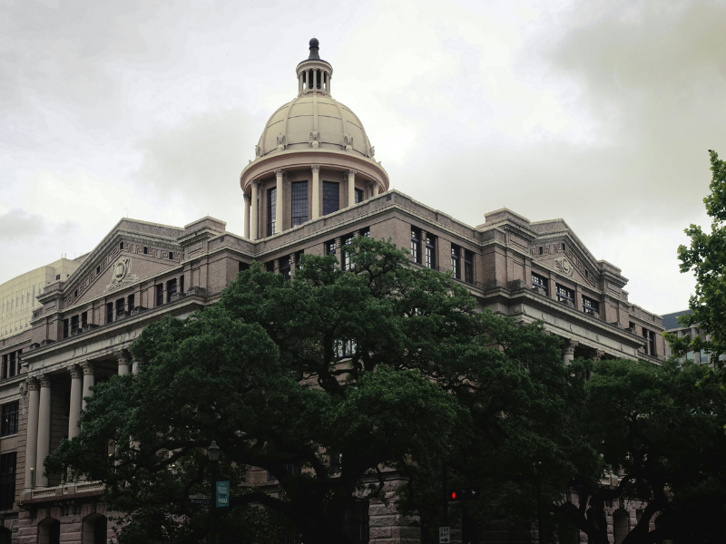 Beige stone government building with a large central dome, classical columns, and green trees in front, under a cloudy sky.”]}}{