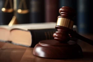 Close-up of a wooden gavel resting on a sound block with blurred scales of justice and law books in the background.