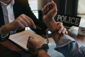 Officer is handcuffing a suspect at a desk; a 'POLICE' sign sits in the background near documents on the table.